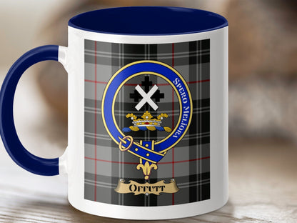 Physical Item 11oz / Dark Blue Offutt Clan Scottish Tartan Crest Mug