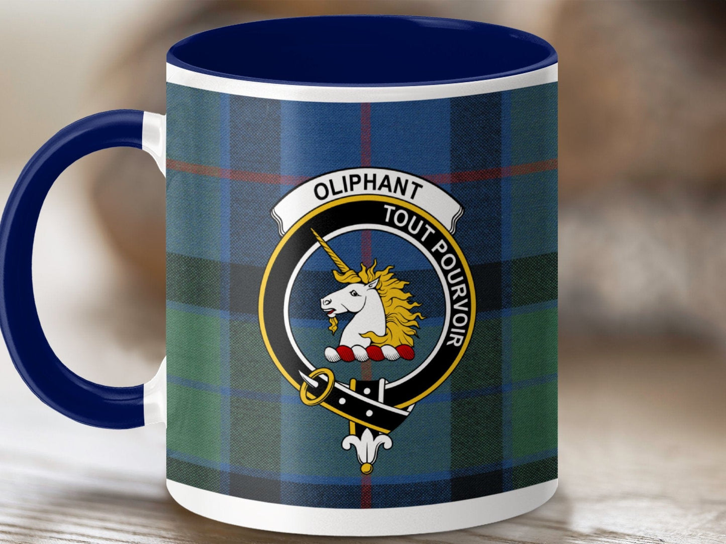 Physical Item 11oz / Dark Blue Oliphant Clan Crest Tartan Scottish Mug