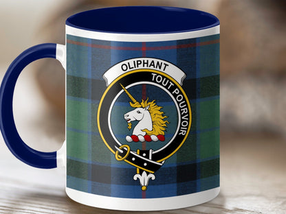 Physical Item 11oz / Dark Blue Oliphant Clan Scottish Tartan Crest Mug