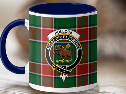 Physical Item 11oz / Dark Blue Pollock Clan Crest Tartan Scottish Mug