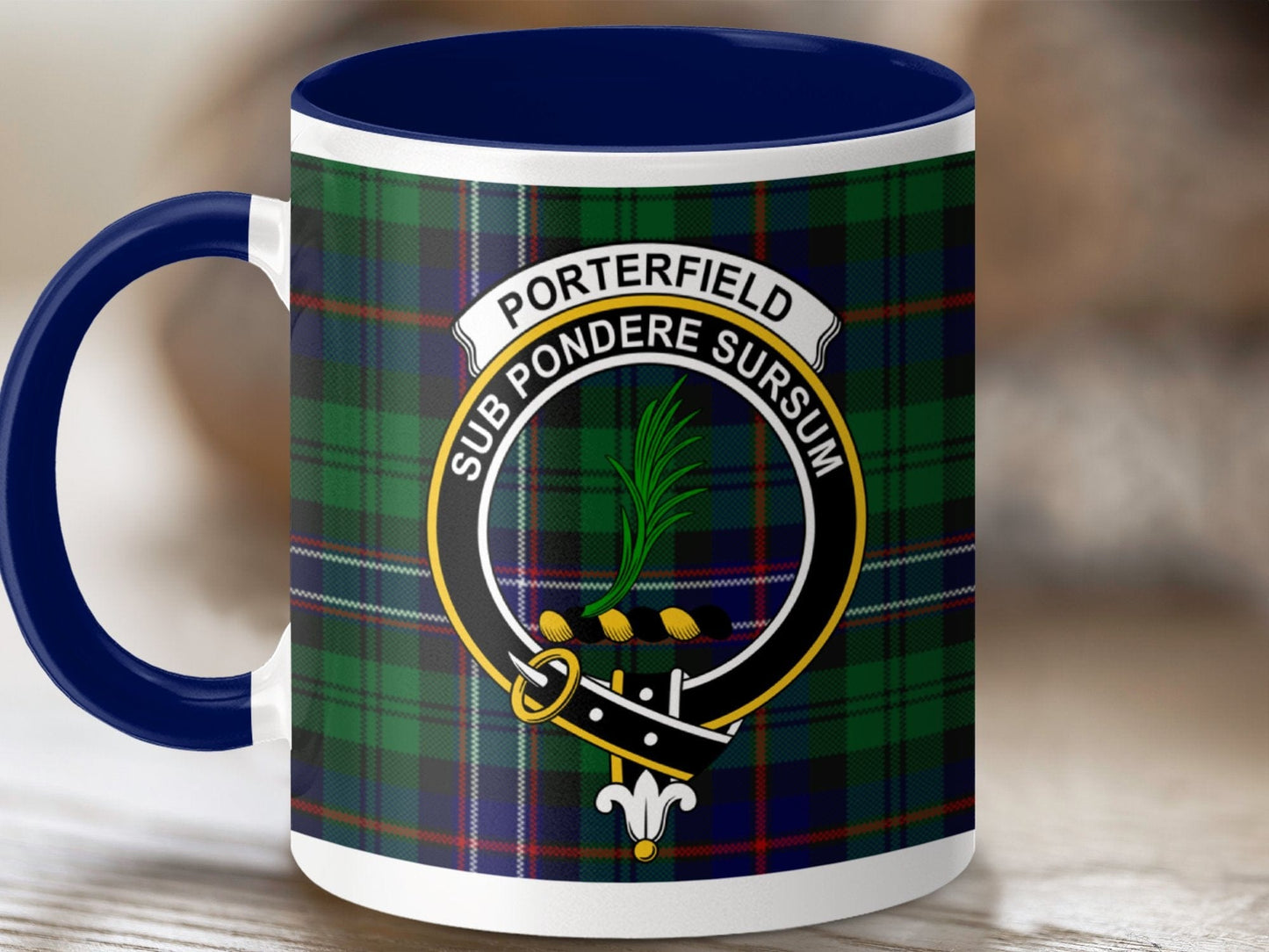 Physical Item 11oz / Dark Blue Porterfield Clan Crest Tartan Scottish Mug