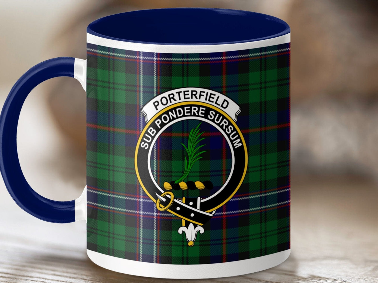 Physical Item 11oz / Dark Blue Porterfield Clan Crest Tartan Scottish Mug