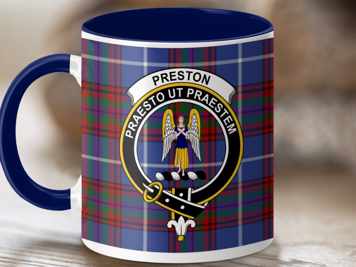 Physical Item 11oz / Dark Blue Preston Clan Crest Tartan Scottish Mug