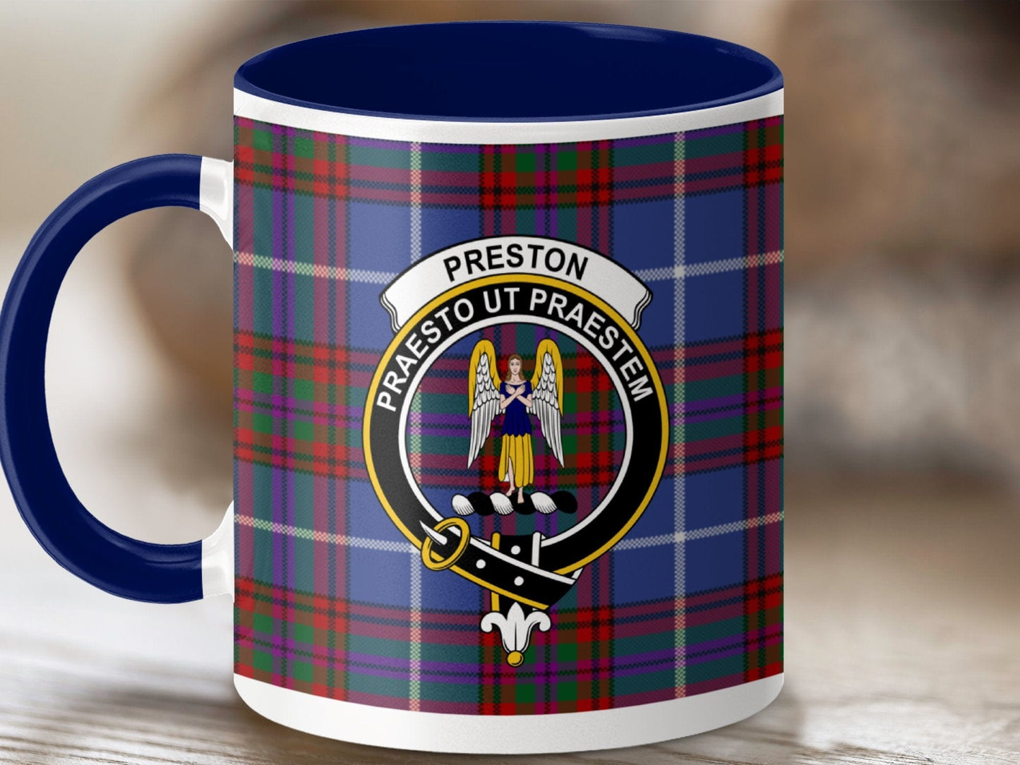 Physical Item 11oz / Dark Blue Preston Clan Crest Tartan Scottish mug