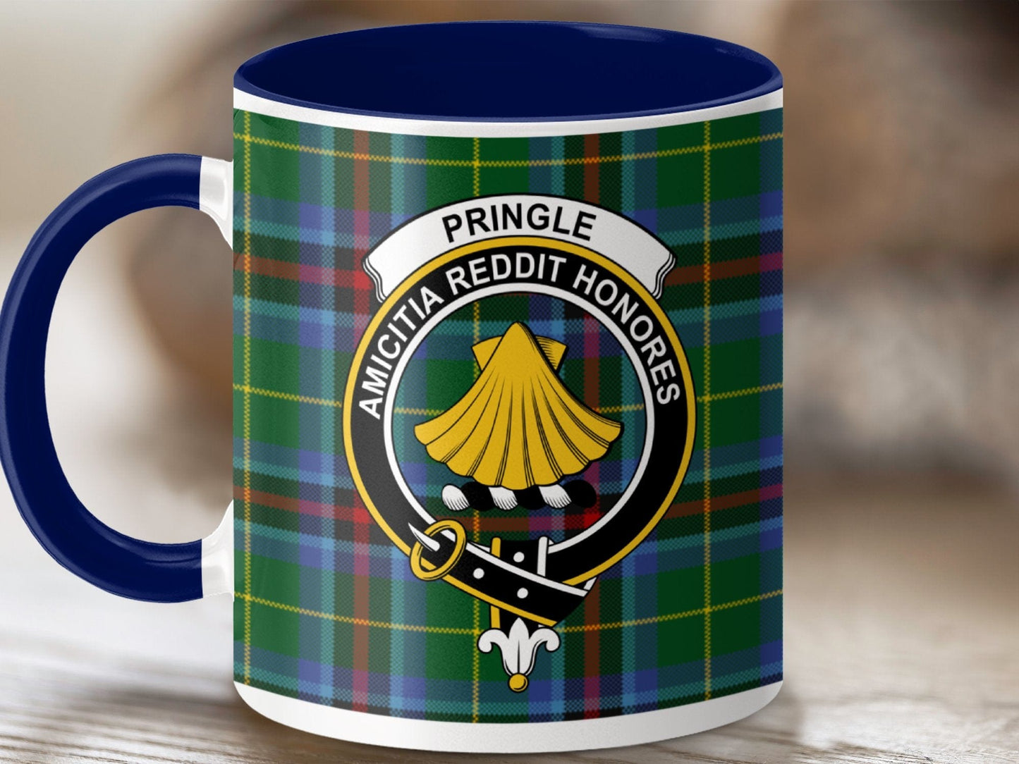 Physical Item 11oz / Dark Blue Pringle Clan Crest Tartan Scottish Mug