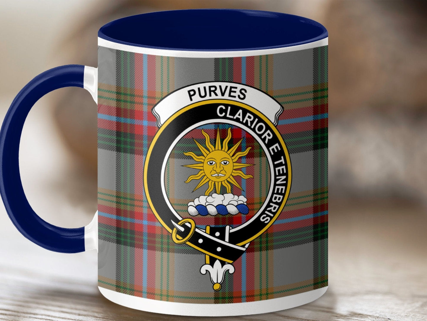 Physical Item 11oz / Dark Blue Purves Clan Crest Tartan Scottish Mug