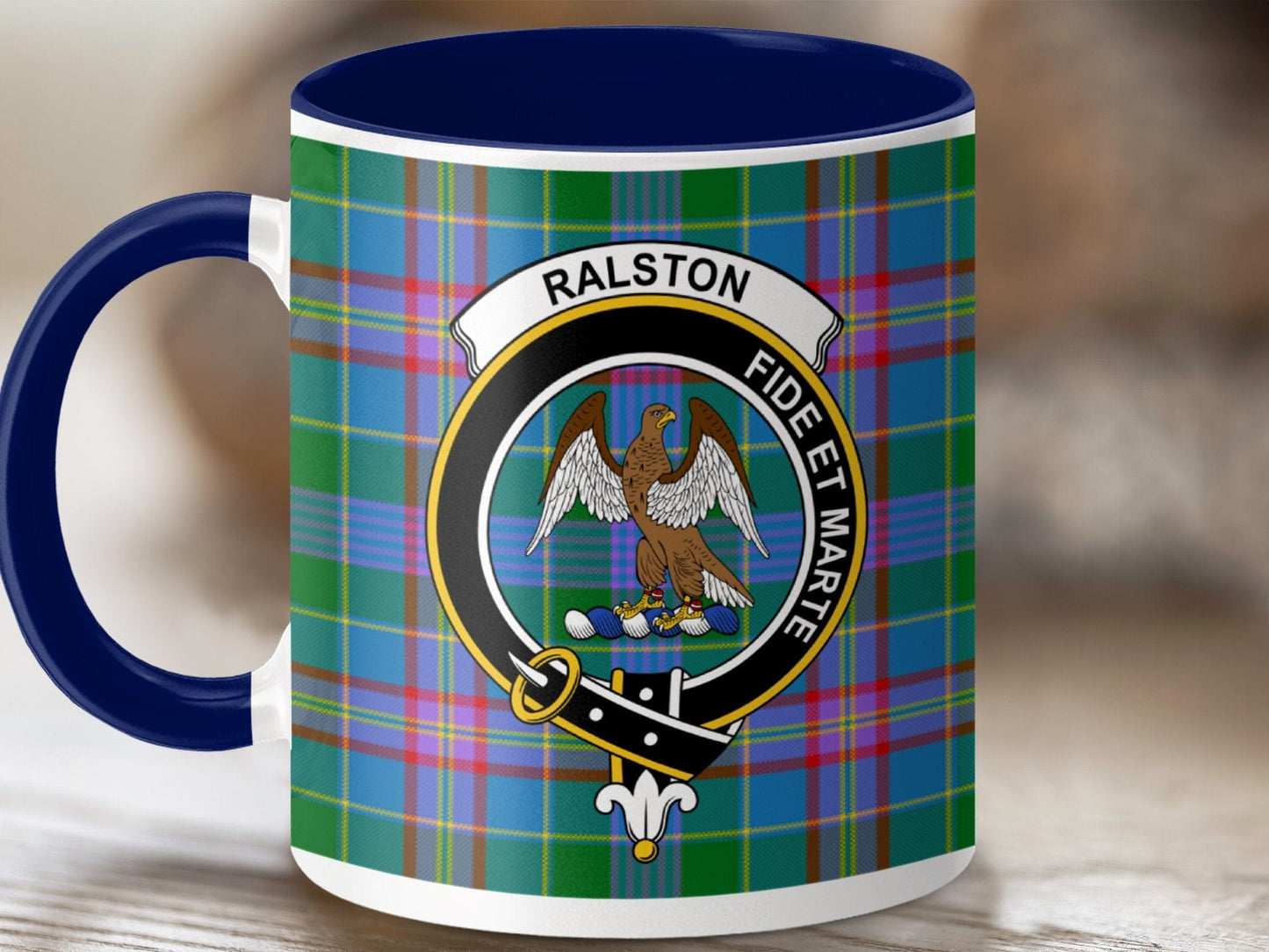 Physical Item 11oz / Dark Blue Ralston Clan Crest Tartan Scottish Mug