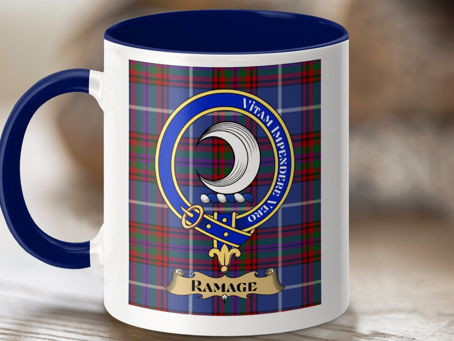 Physical Item 11oz / Dark Blue Ramage Clan Scottish Tartan Crest Mug