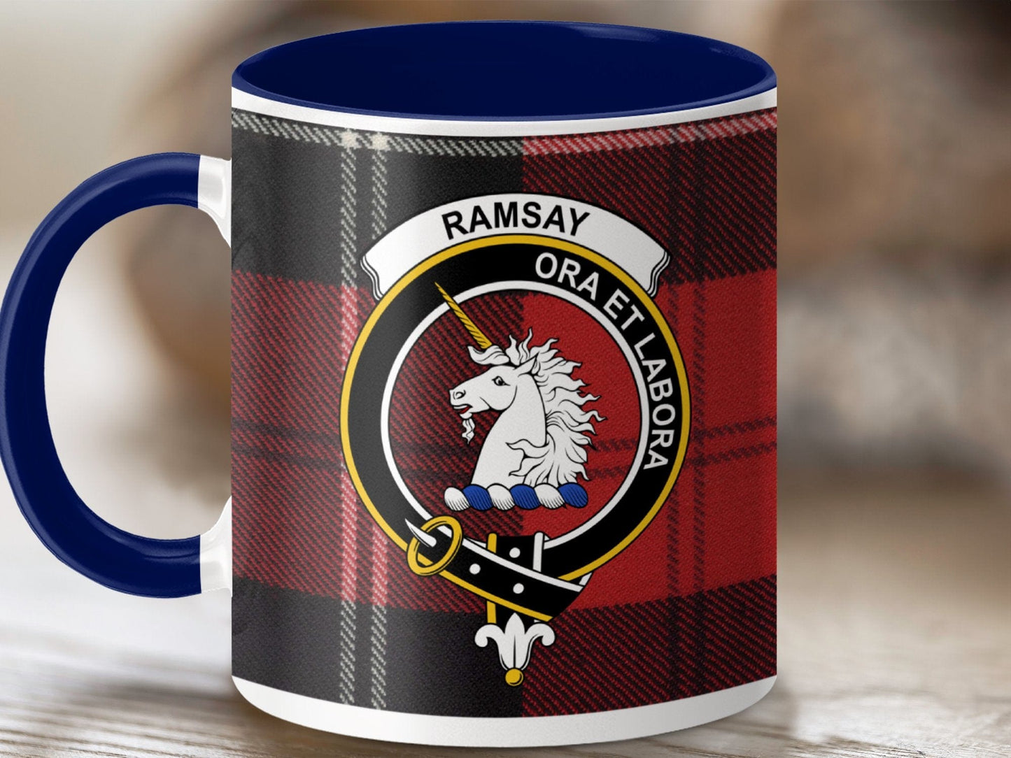 Physical Item 11oz / Dark Blue Ramsay Clan Crest Tartan Scottish Mug