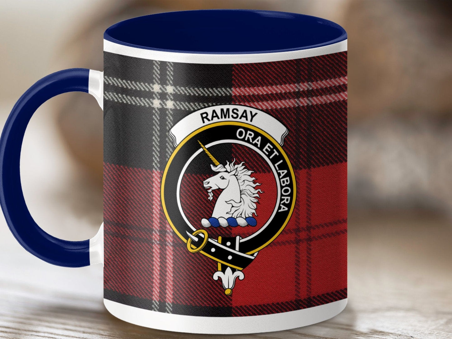 Physical Item 11oz / Dark Blue Ramsay Clan Crest Tartan Scottish Mug