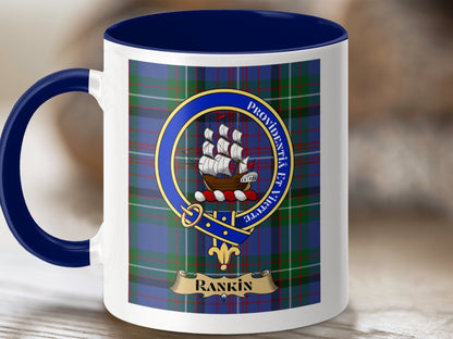 Physical Item 11oz / Dark Blue Rankin Clan Scottish Tartan Crest Mug