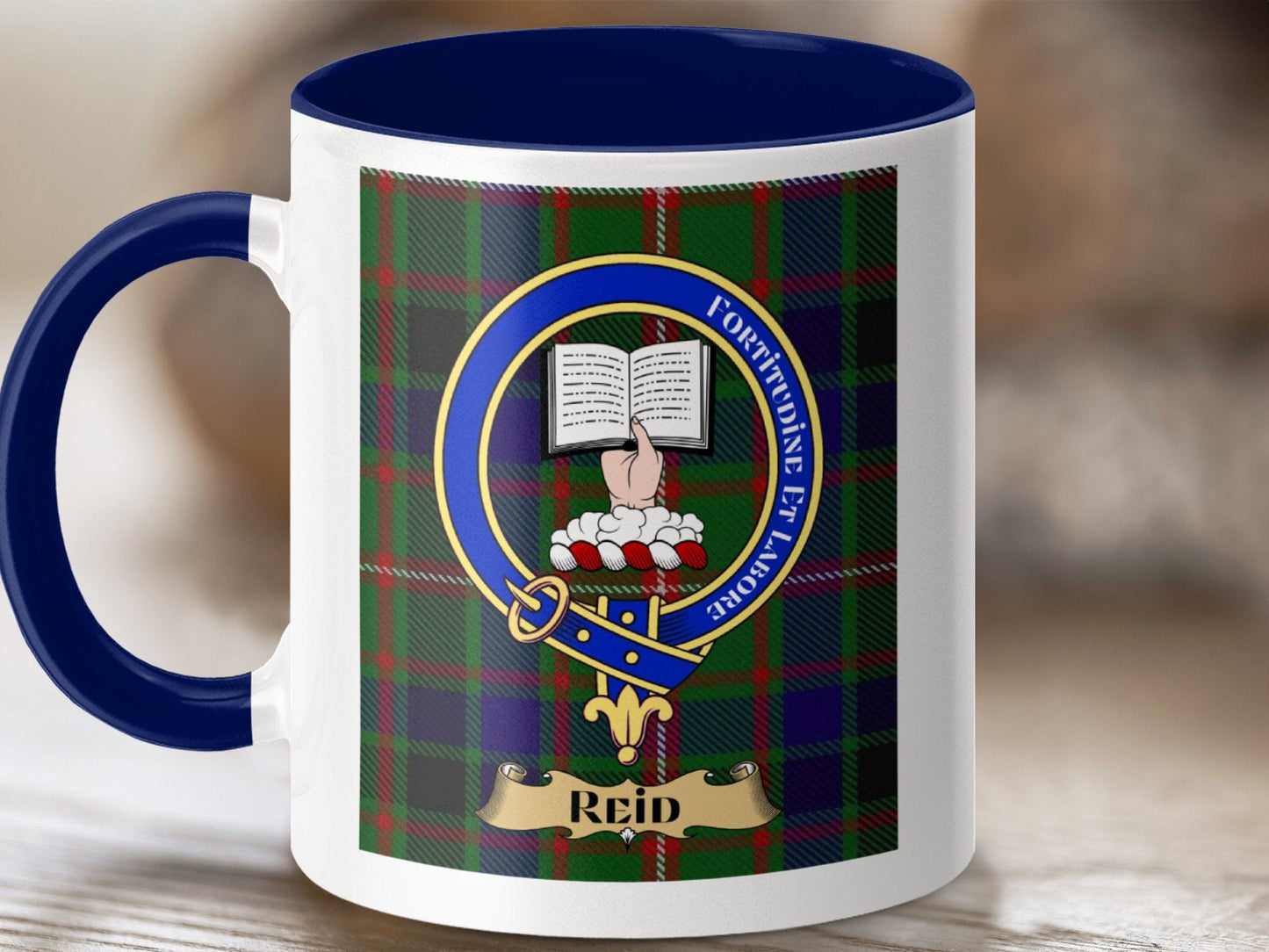 Physical Item 11oz / Dark Blue Reid Clan Scottish Tartan Crest Mug