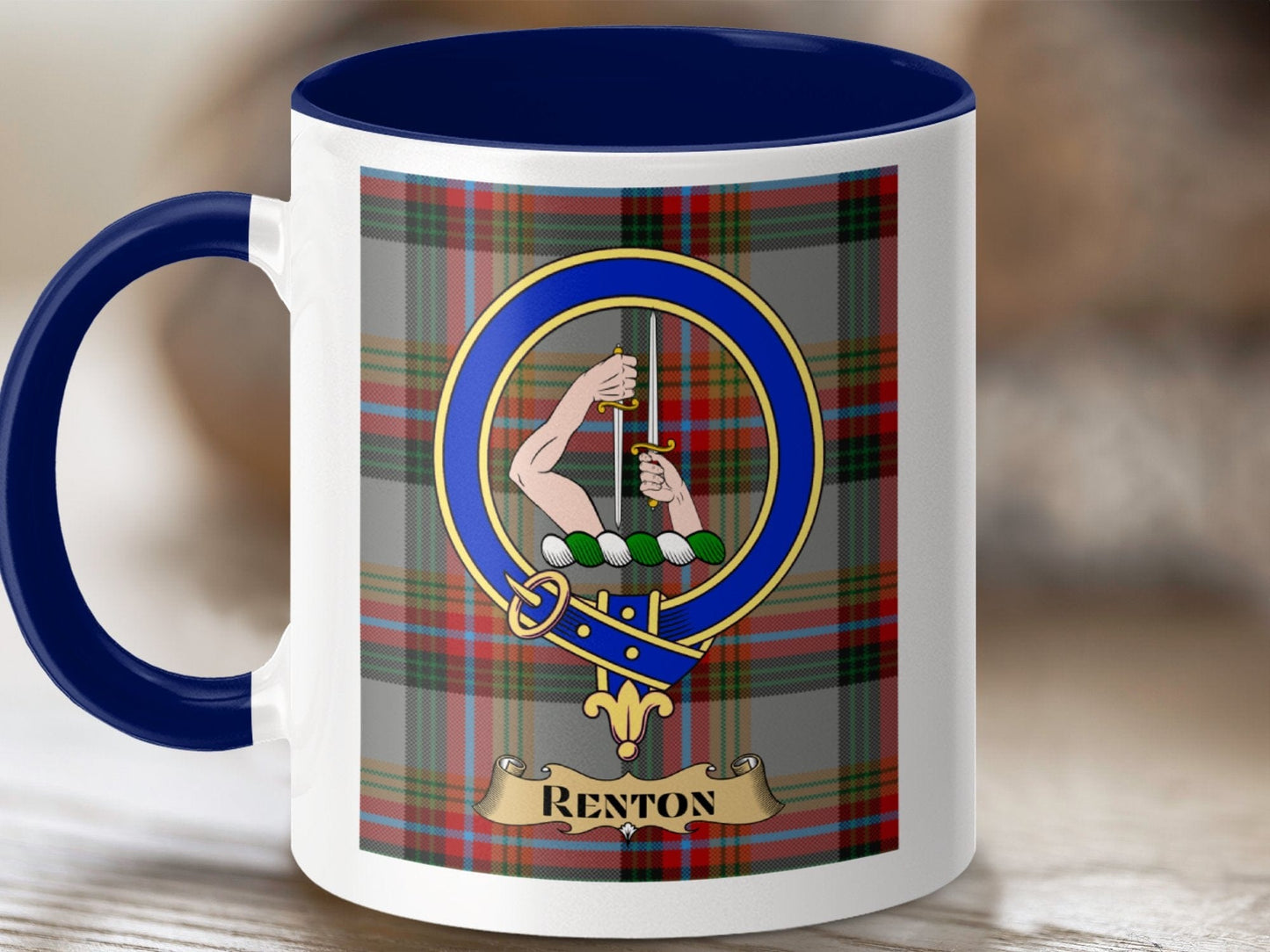 Physical Item 11oz / Dark Blue Renton Clan Scottish Tartan Crest Mug