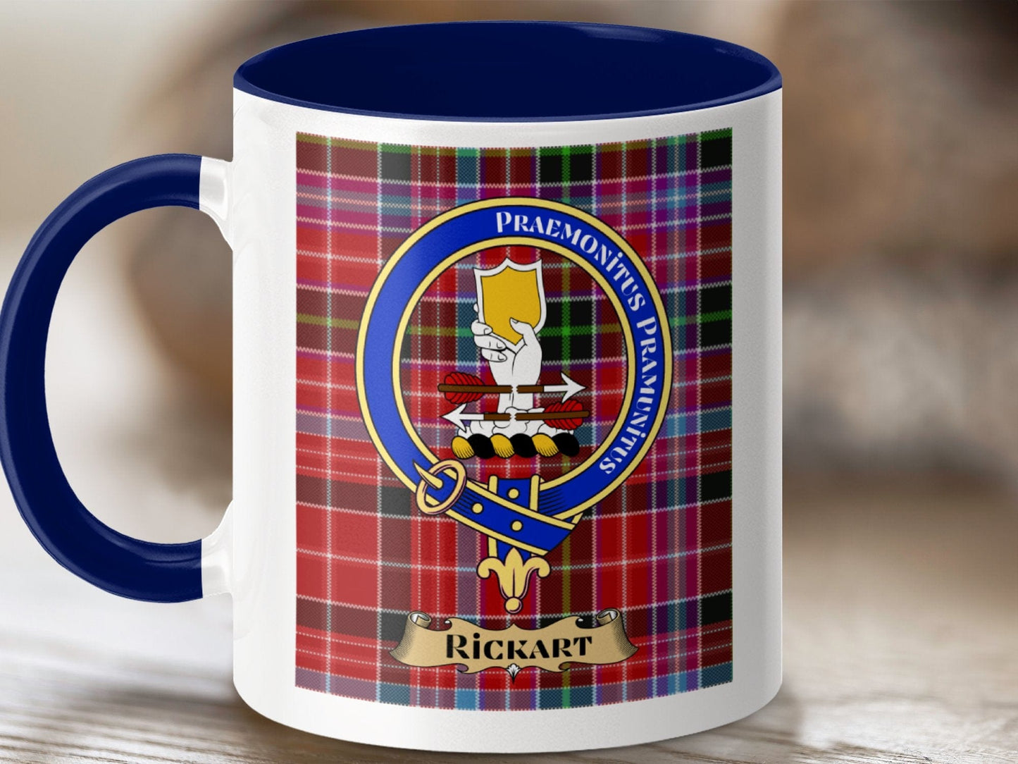 Physical Item 11oz / Dark Blue Rickart Clan Scottish Tartan Crest Mug