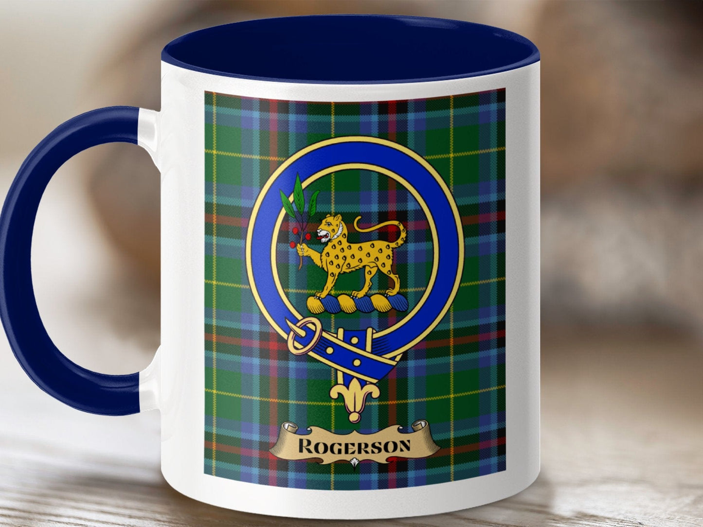 Physical Item 11oz / Dark Blue Rogerson Clan Scottish Tartan Crest Mug