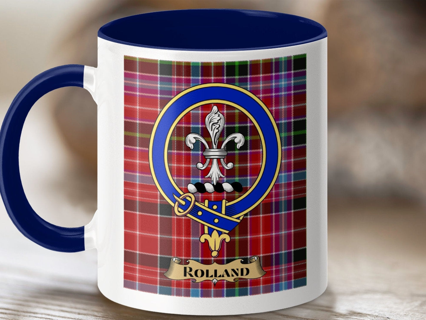 Physical Item 11oz / Dark Blue Rolland Clan Scottish Tartan Crest Mug