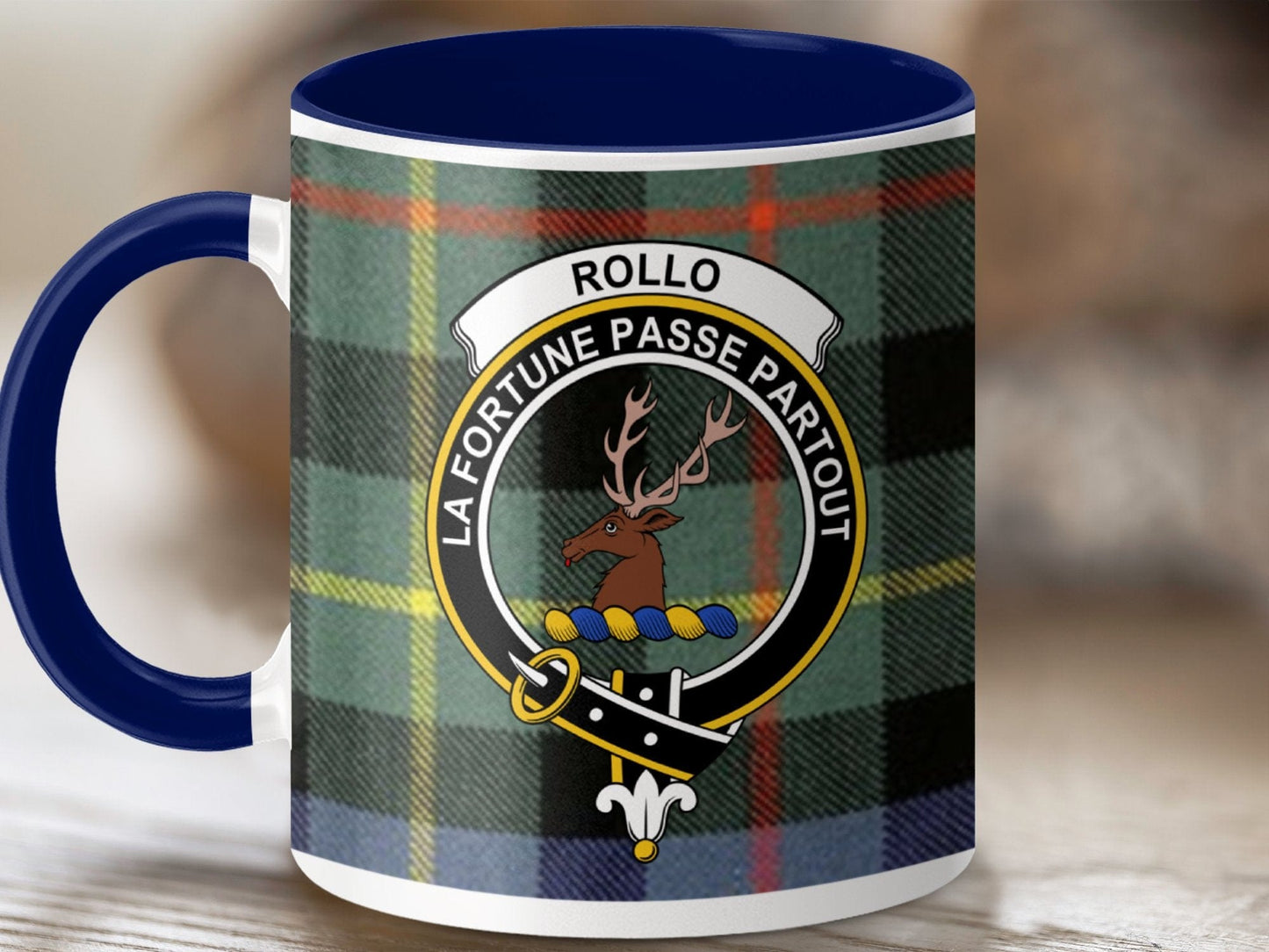 Physical Item 11oz / Dark Blue Rollo Clan Crest Tartan Scottish Mug