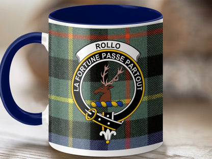 Physical Item 11oz / Dark Blue Rollo Clan Crest Tartan Scottish Mug