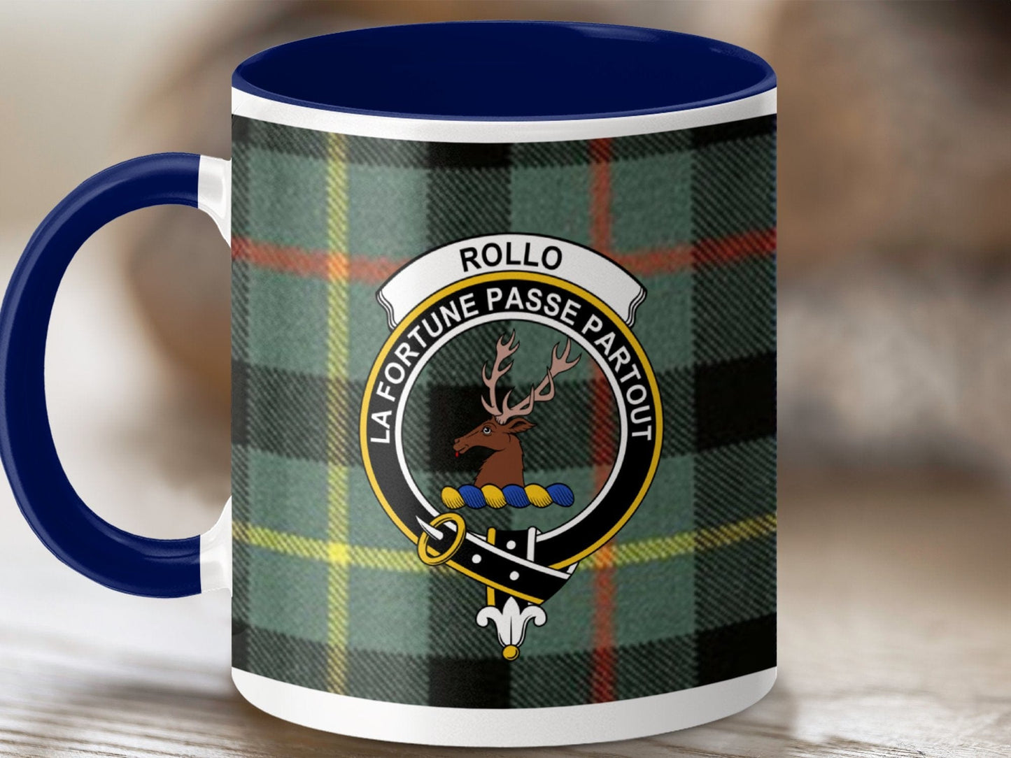 Physical Item 11oz / Dark Blue Rollo Clan Crest Tartan Scottish Mug