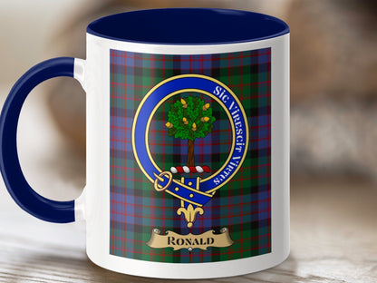 Physical Item 11oz / Dark Blue Ronald Clan Scottish Tartan Crest Mug