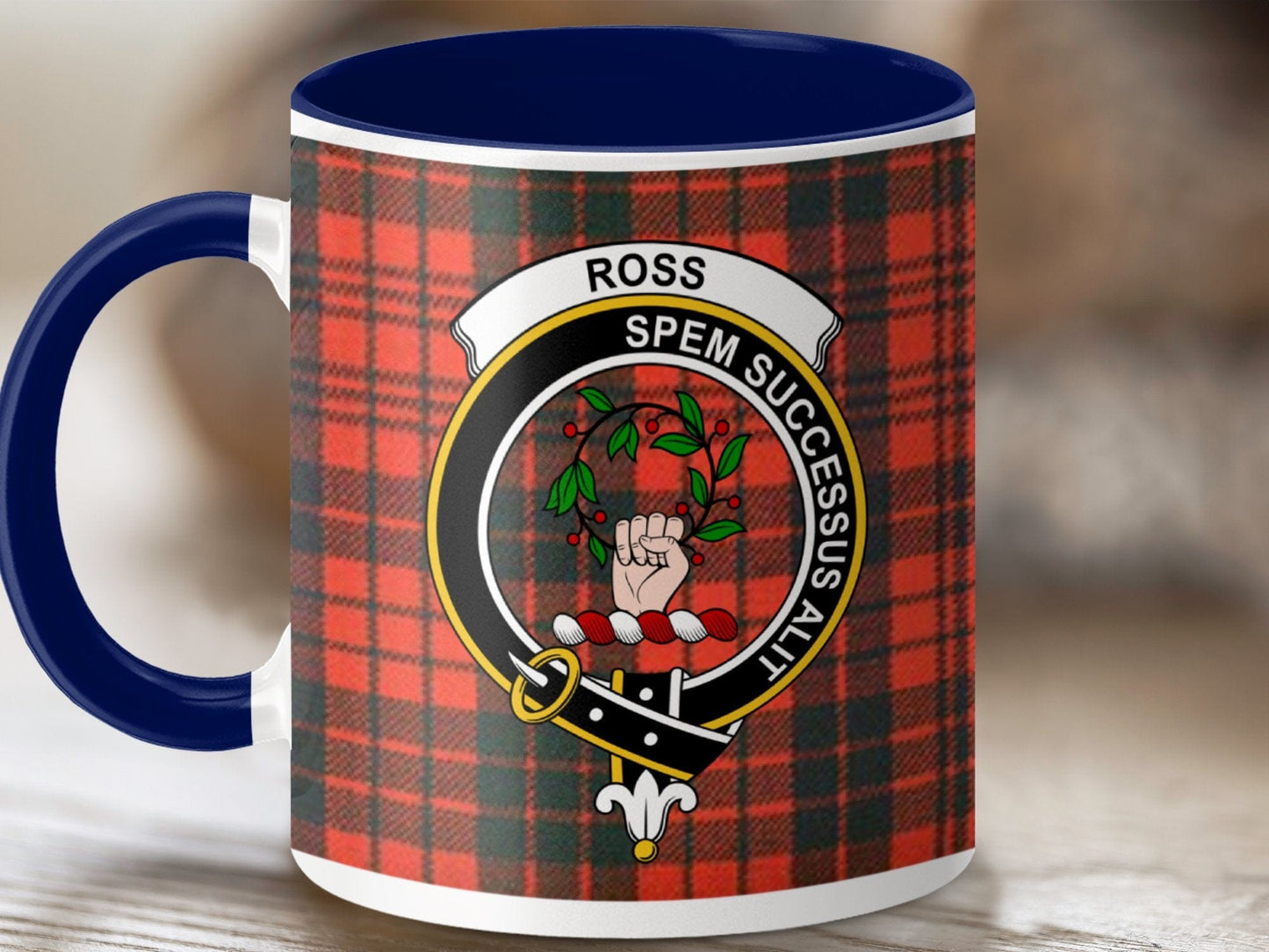 Physical Item 11oz / Dark Blue Ross Clan Crest Tartan Background Scottish Mug