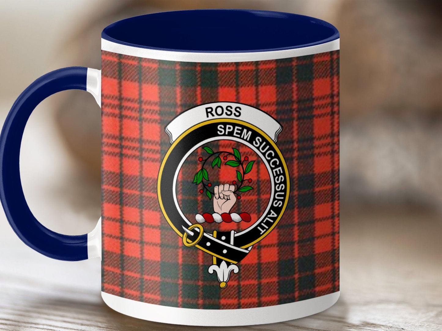 Physical Item 11oz / Dark Blue Ross Clan Crest Tartan Scottish Mug