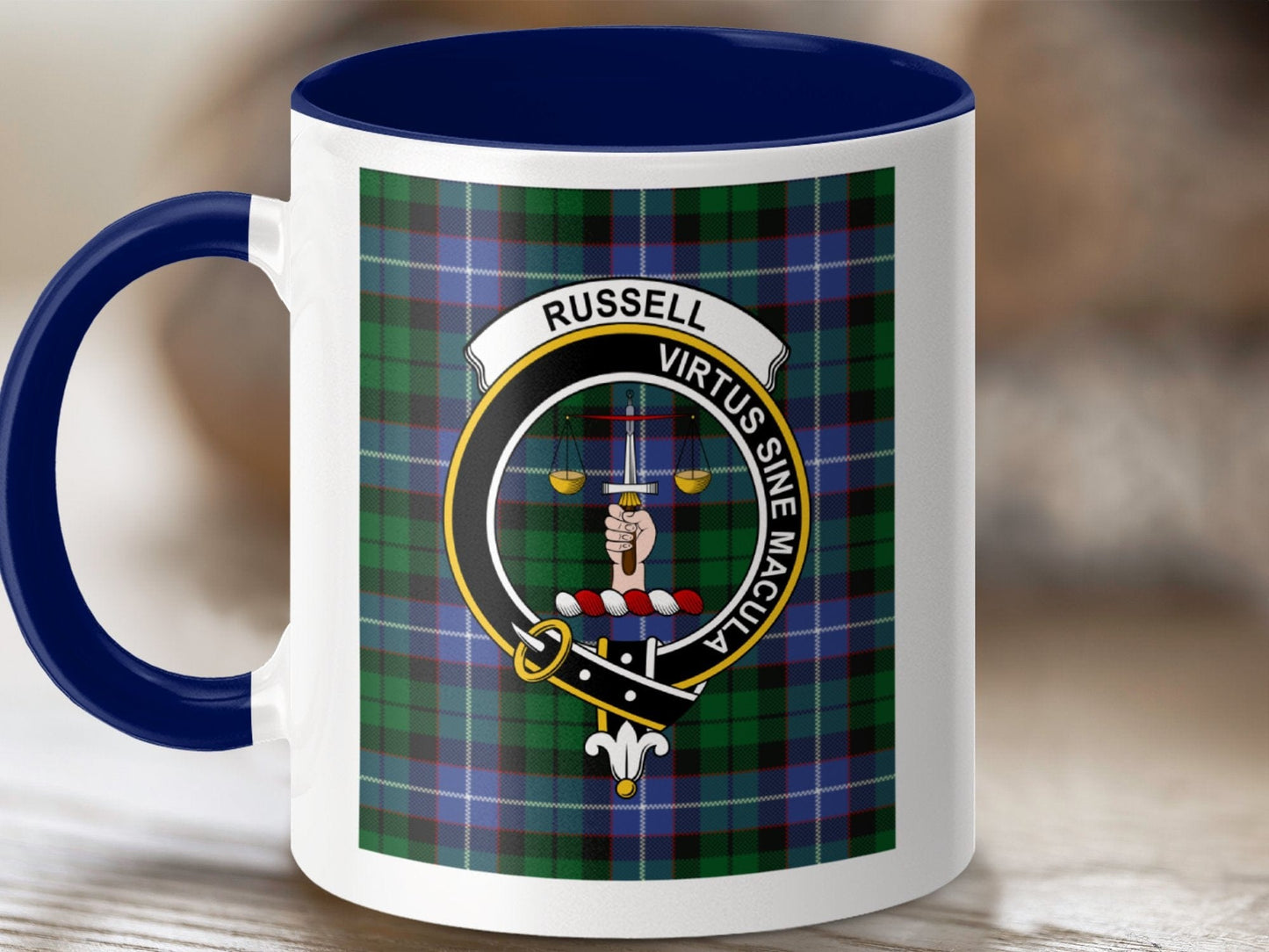 Physical Item 11oz / Dark Blue Russell Clan Scottish Tartan Crest Mug