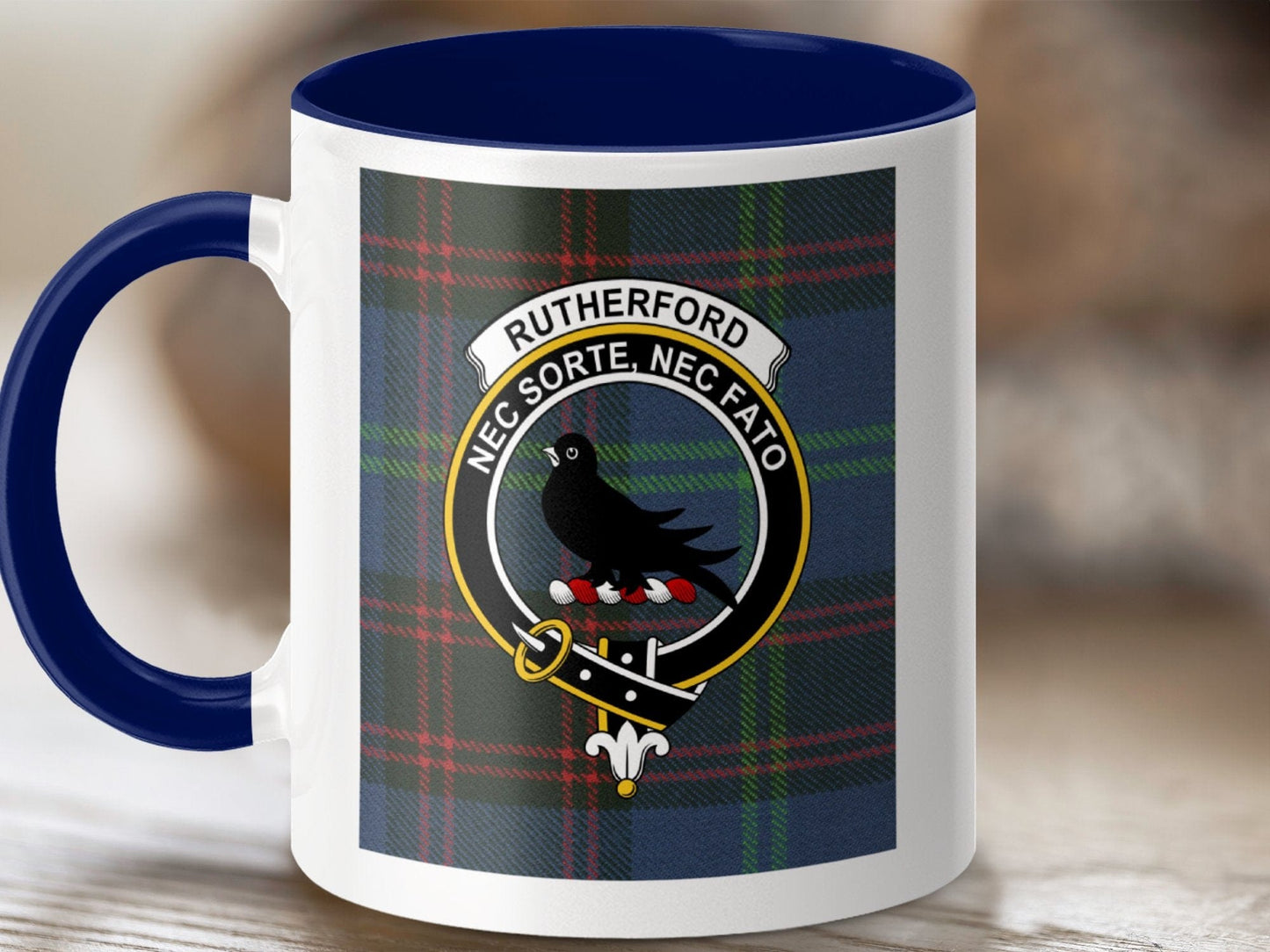 Physical Item 11oz / Dark Blue Rutherford Clan Scottish Tartan Crest Mug