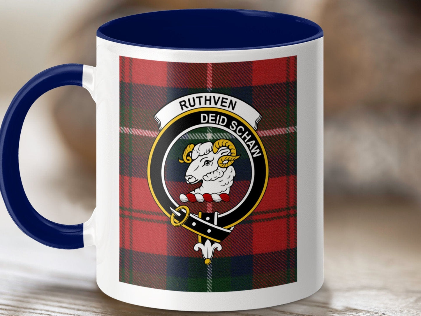 Physical Item 11oz / Dark Blue Ruthven Clan Scottish Tartan Crest Mug