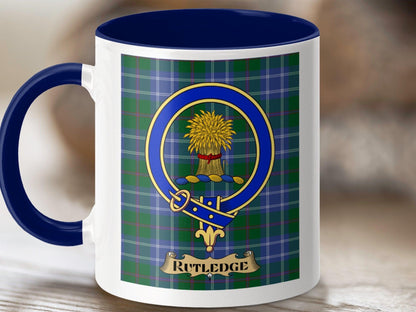 Physical Item 11oz / Dark Blue Rutledge Clan Scottish Tartan Crest Mug