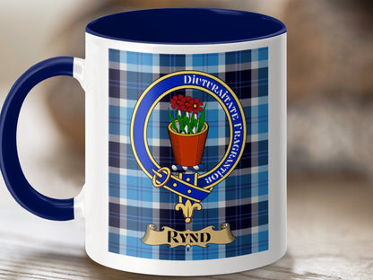 Physical Item 11oz / Dark Blue Rynd Clan Scottish Tartan Crest Mug