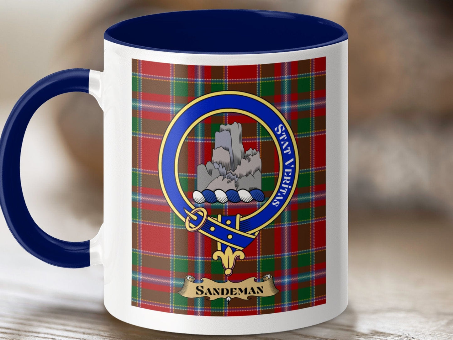 Physical Item 11oz / Dark Blue Sandeman Clan Scottish Tartan Crest Mug