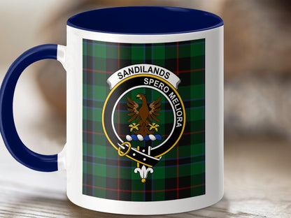 Physical Item 11oz / Dark Blue Sandilands Clan Scottish Tartan Crest Mug