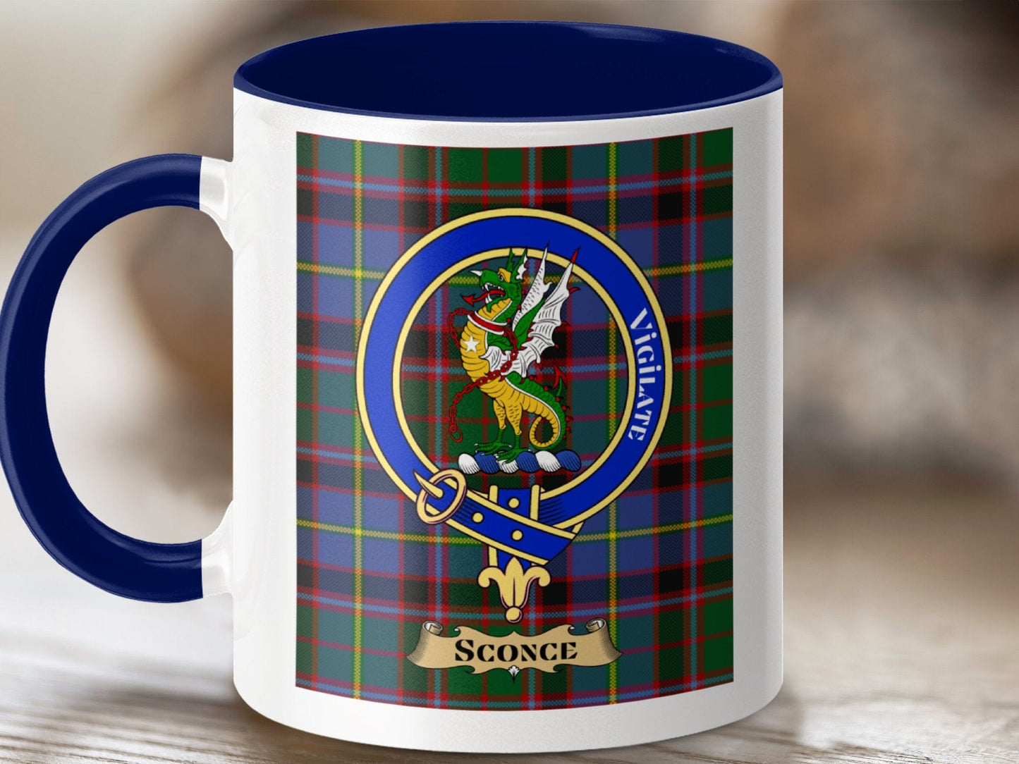 Physical Item 11oz / Dark Blue Sconce Clan Scottish Tartan Crest Mug