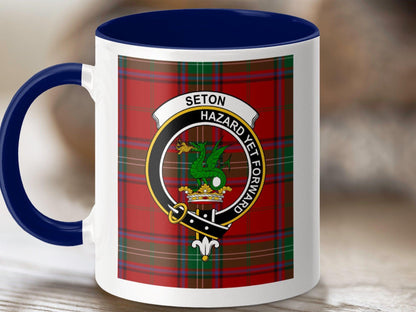 Physical Item 11oz / Dark Blue Seton Clan Scottish Tartan Crest Mug