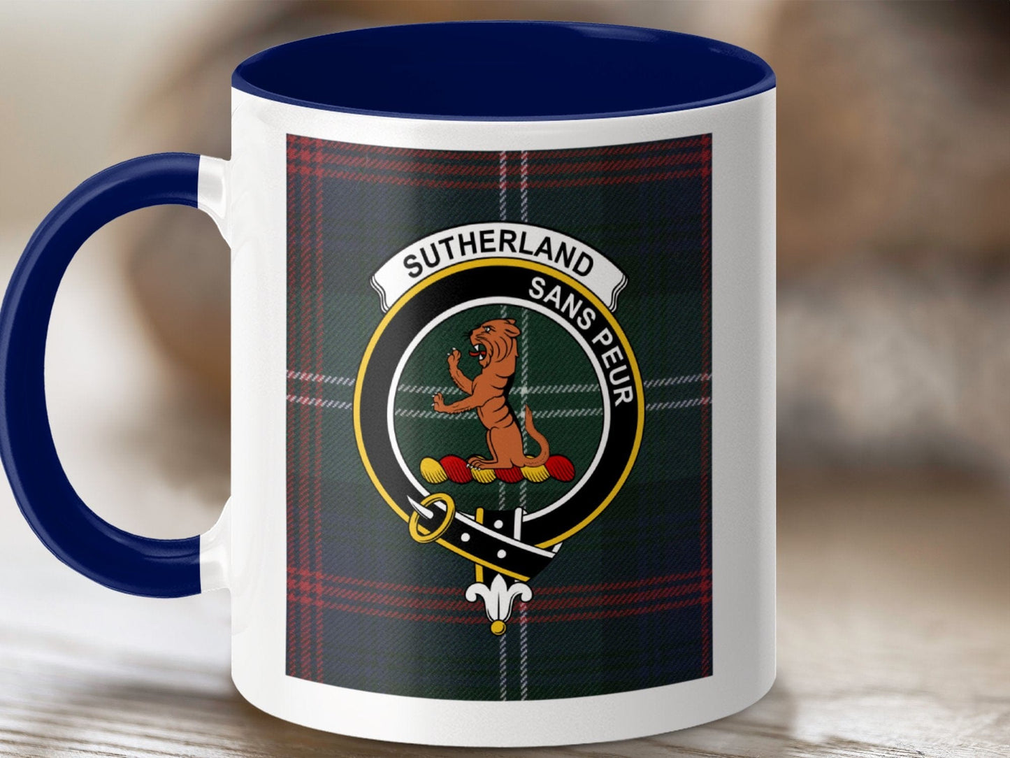 Physical Item 11oz / Dark Blue Sutherland Clan Scottish Tartan Crest Mug