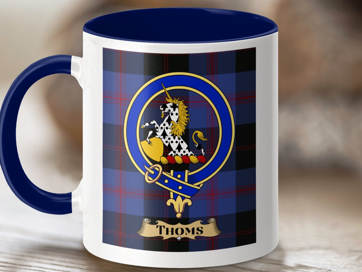 Physical Item 11oz / Dark Blue Thoms Clan Scottish Tartan Crest Mug