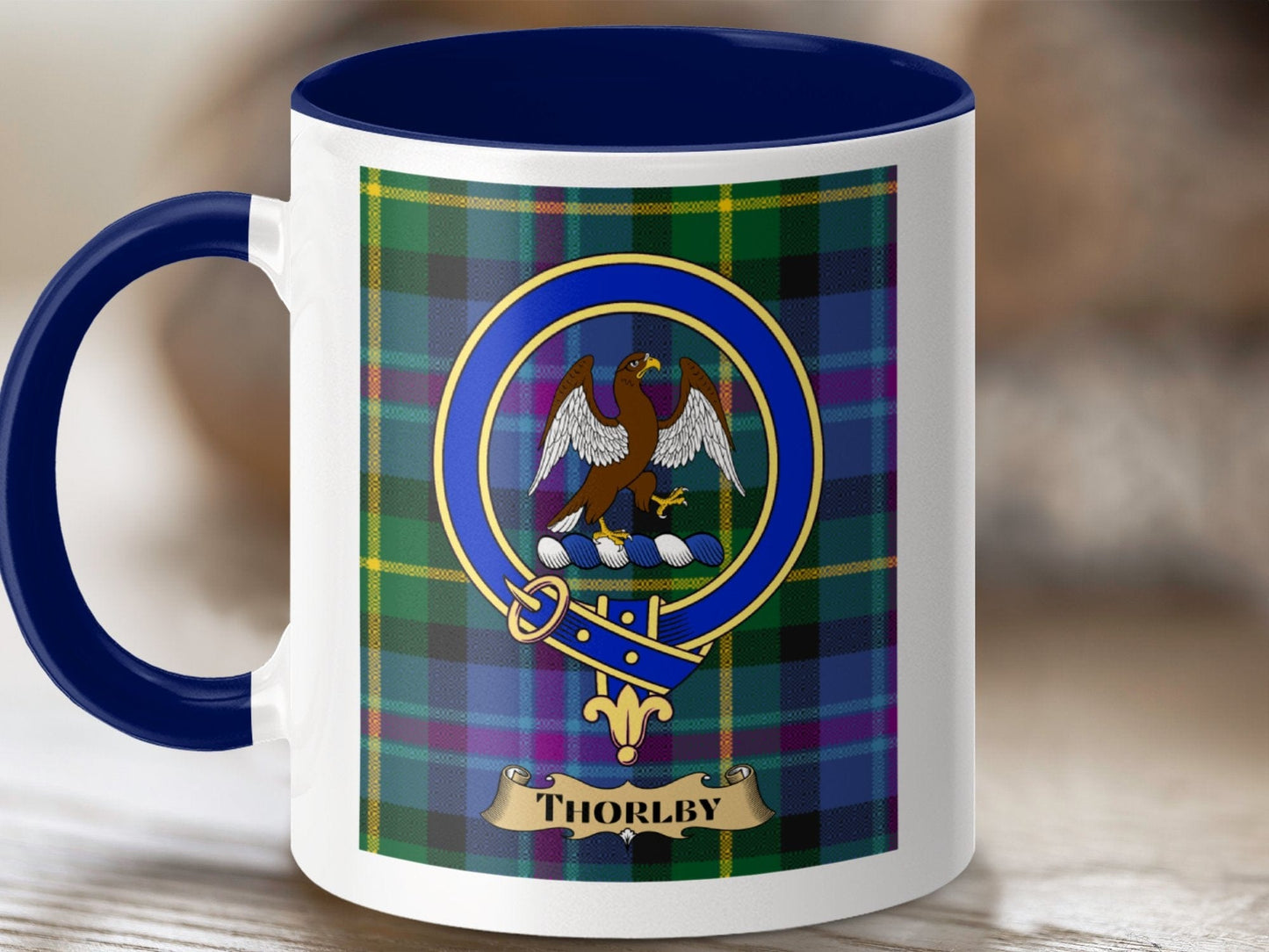 Physical Item 11oz / Dark Blue Thorlby Clan Scottish Tartan Crest Mug