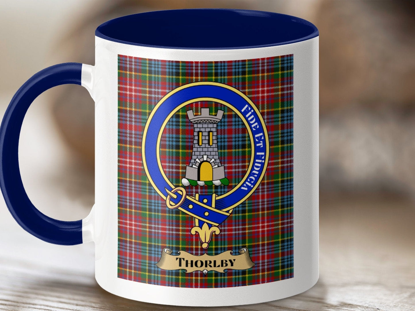 Physical Item 11oz / Dark Blue Thorlby Clan Scottish Tartan Crest Mug