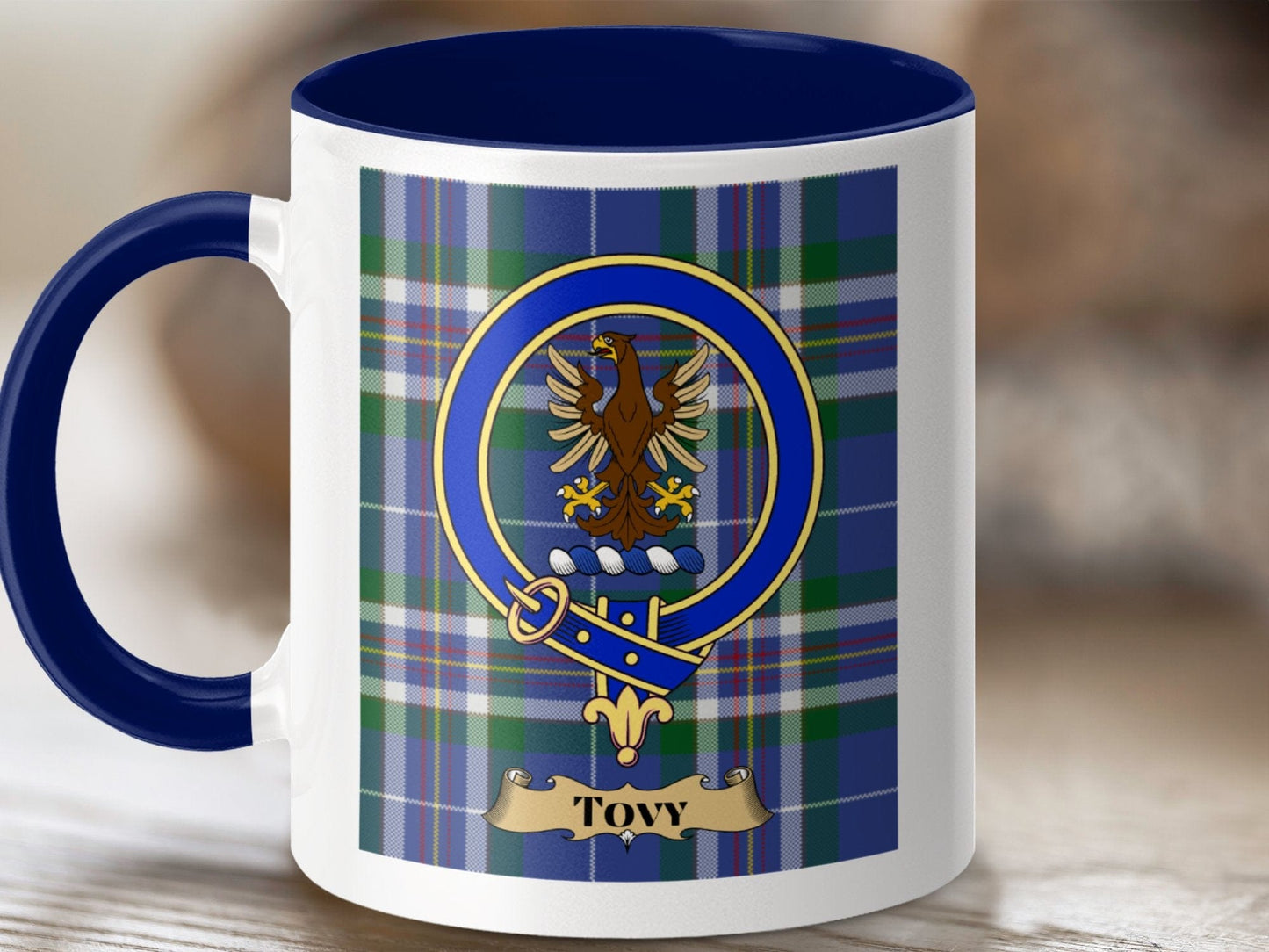 Physical Item 11oz / Dark Blue Tovy Clan Scottish Tartan Crest Mug