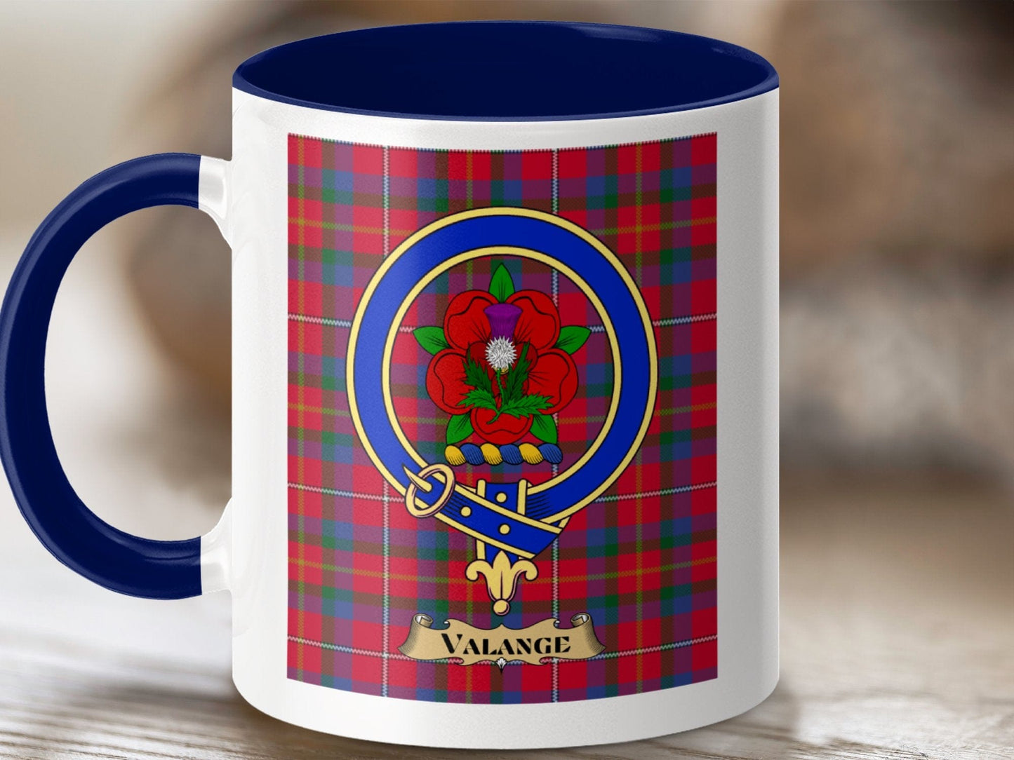 Physical Item 11oz / Dark Blue Valange Clan Scottish Tartan Crest Mug