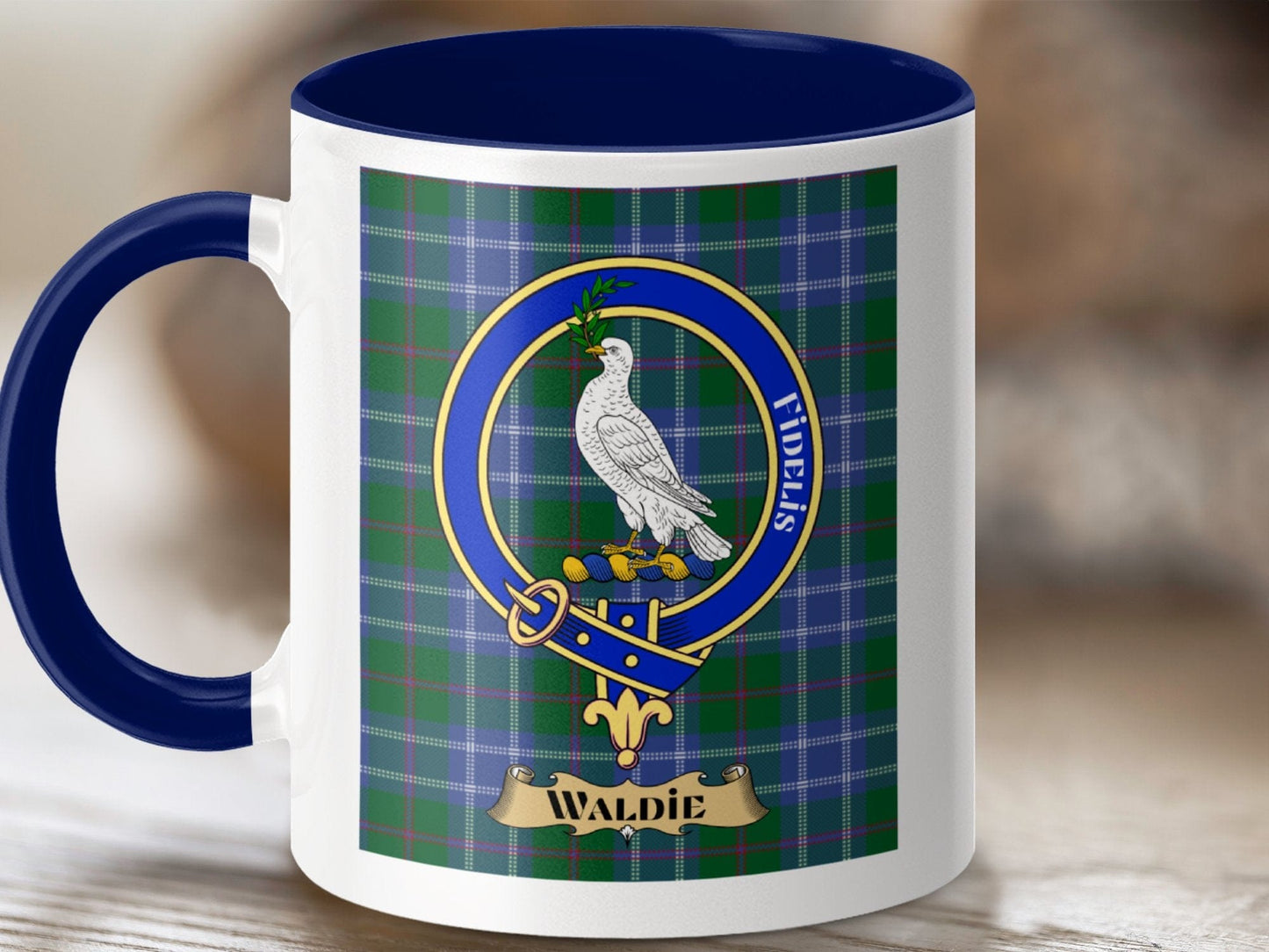 Physical Item 11oz / Dark Blue Waldie Clan Scottish Tartan Crest Mug