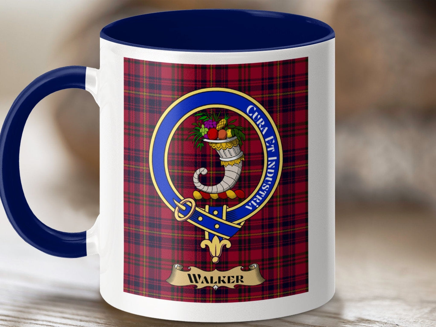 Physical Item 11oz / Dark Blue Walker Clan Scottish Tartan Crest Mug