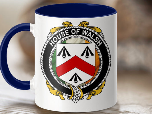 Physical Item 11oz / Dark Blue Walsh Family Name Irish Crest Ceramic Mugs