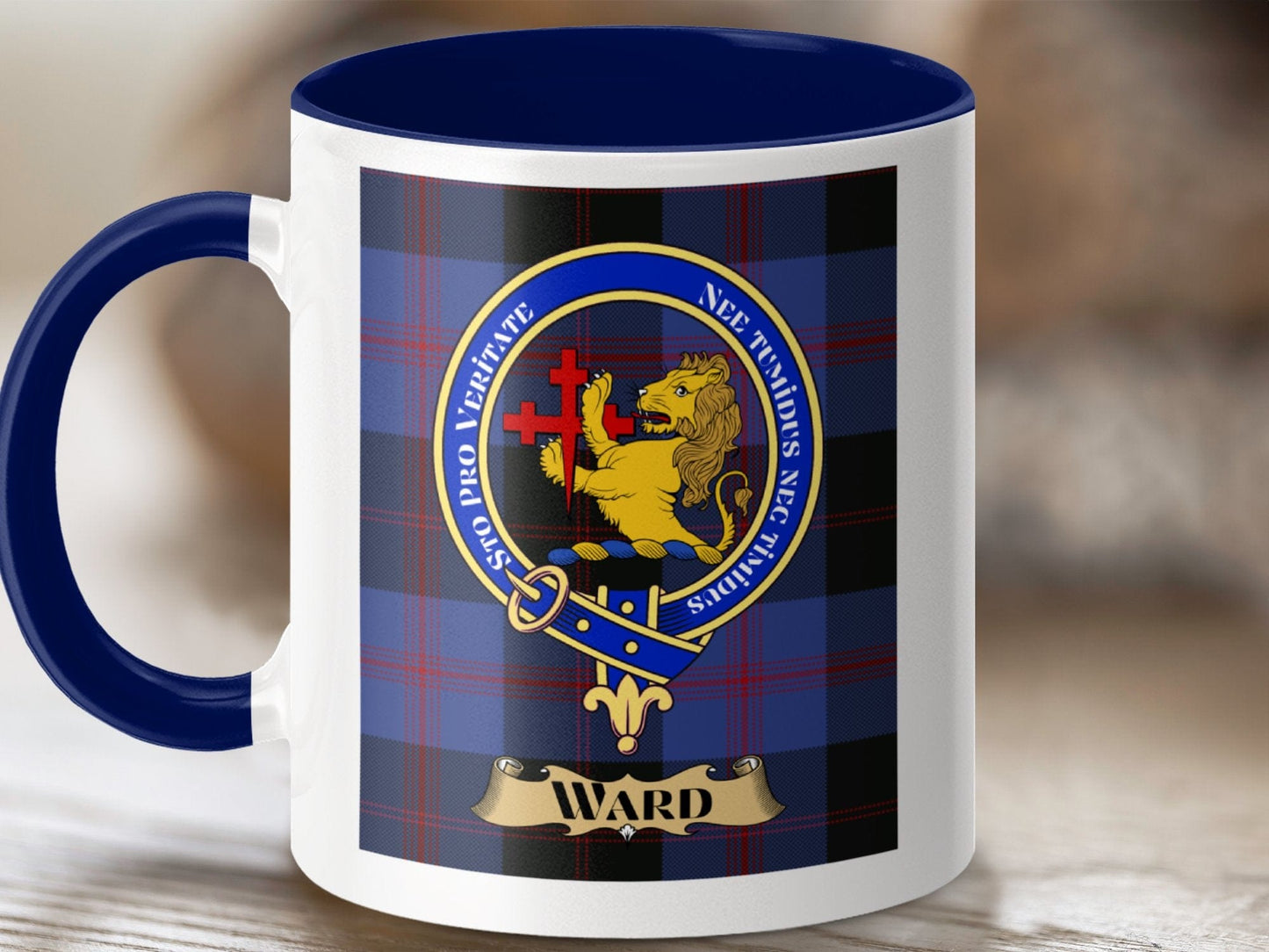 Physical Item 11oz / Dark Blue Ward Clan Scottish Tartan Crest Mug