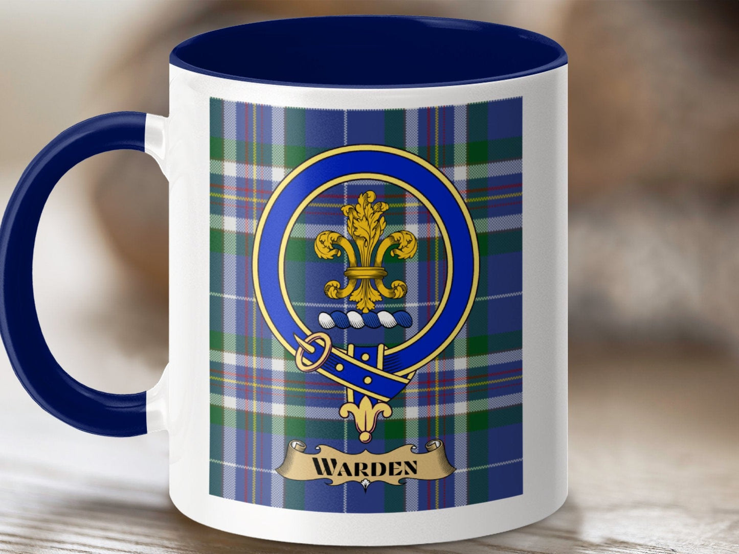 Physical Item 11oz / Dark Blue Warden Clan Scottish Tartan Crest Mug