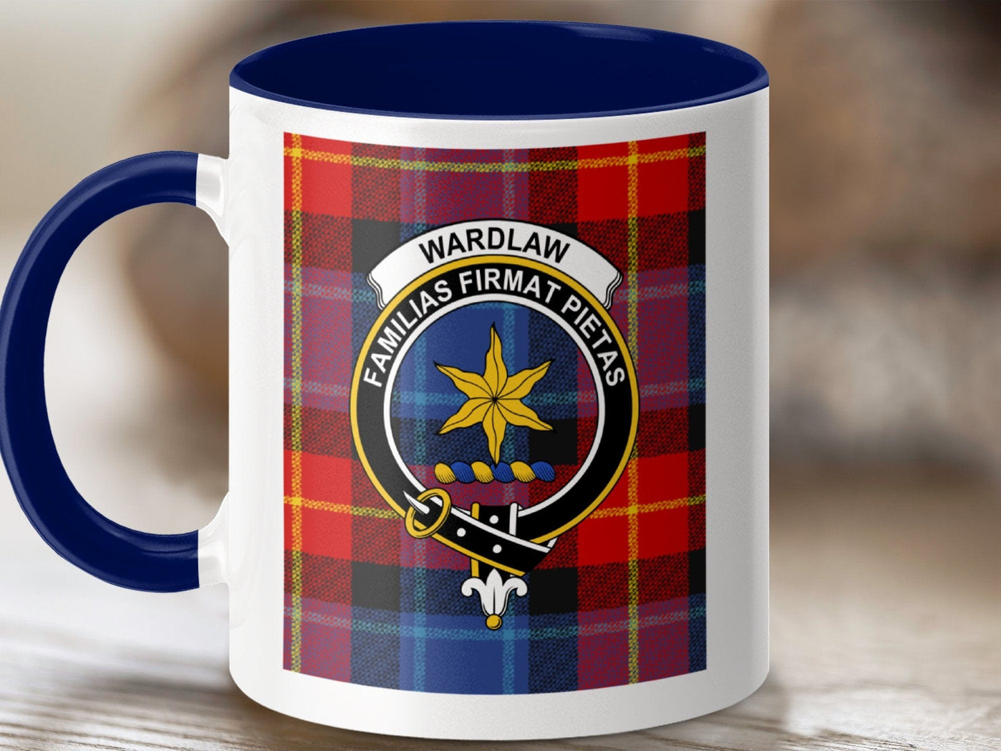 Physical Item 11oz / Dark Blue Wardlaw Clan Scottish Tartan Crest Mug