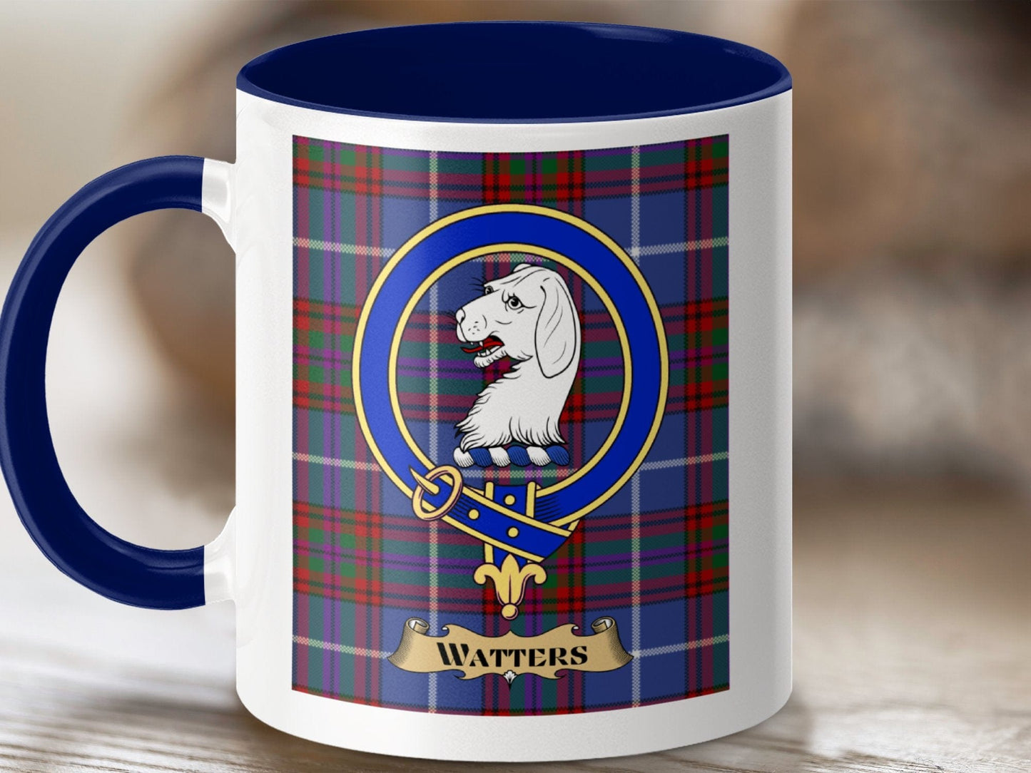 Physical Item 11oz / Dark Blue Watters Clan Scottish Tartan Crest Mug