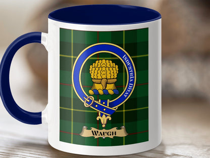 Physical Item 11oz / Dark Blue Waugh Clan Scottish Tartan Crest Mug