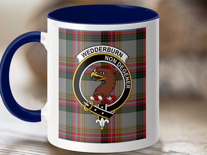 Physical Item 11oz / Dark Blue Wedderburn Clan Scottish Tartan Crest Mug